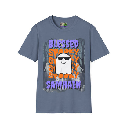 Spooky Blessed Samhain Ghost Purple font Unisex T-Shirt by CreepyCrafts.boo