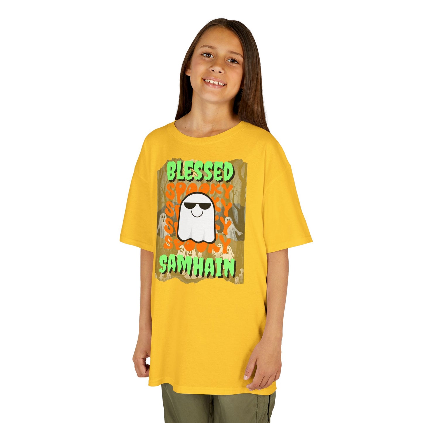 Spooky Blessed Samhain Ghost Green font Kids Heavy Cotton™ Tee by CreepyCrafts.boo