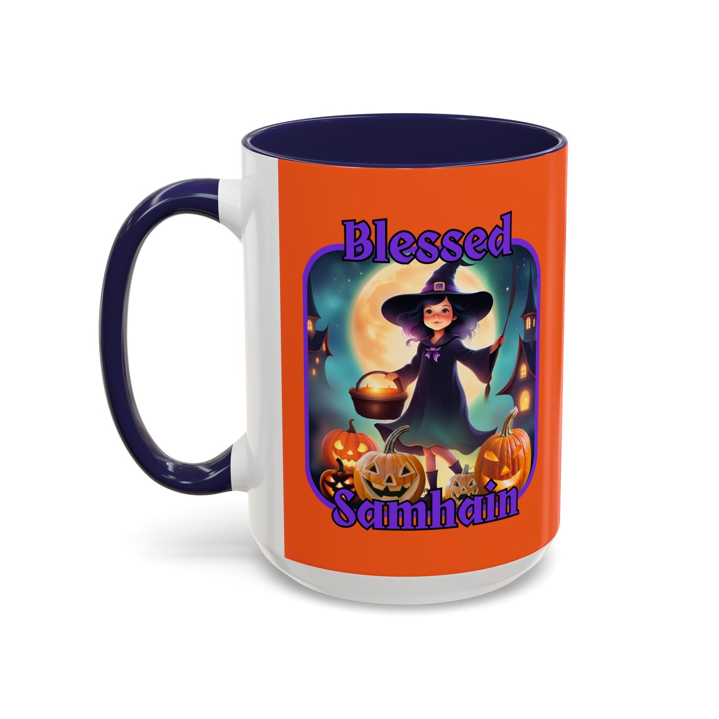 Blessed Samhain Little Witch Purple font Orange Accent Mug by CreepyCrafts.boo
