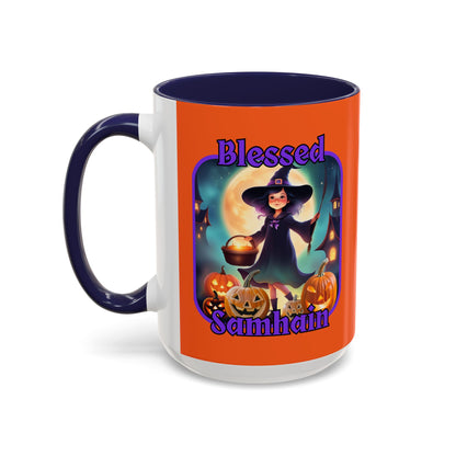 Blessed Samhain Little Witch Purple font Orange Accent Mug by CreepyCrafts.boo