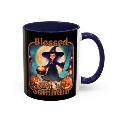 Blessed Samhain Little Witch Orange font Black Accent Mug by CreepyCrafts.boo