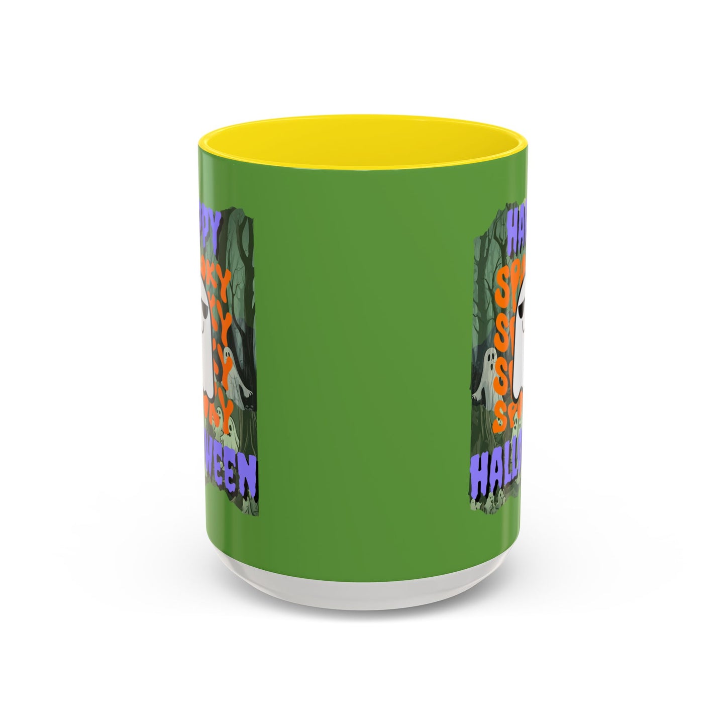 Spooky Happy Halloween Ghost Purple font Green Accent Mug by CreepyCrafts.boo