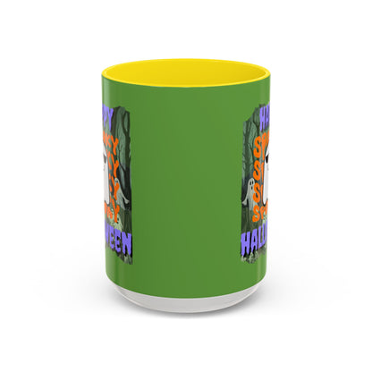 Spooky Happy Halloween Ghost Purple font Green Accent Mug by CreepyCrafts.boo