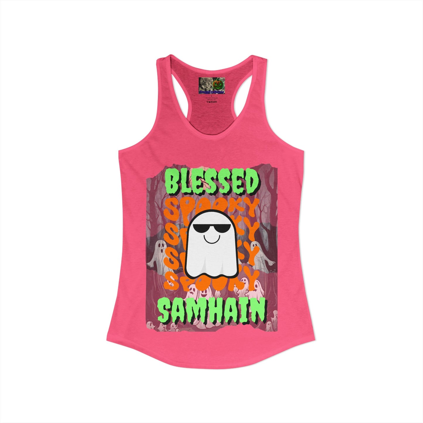 Spooky Blessed Samhain Ghost Green font Women's Racerback Tank Top by CreepyCrafts.boo