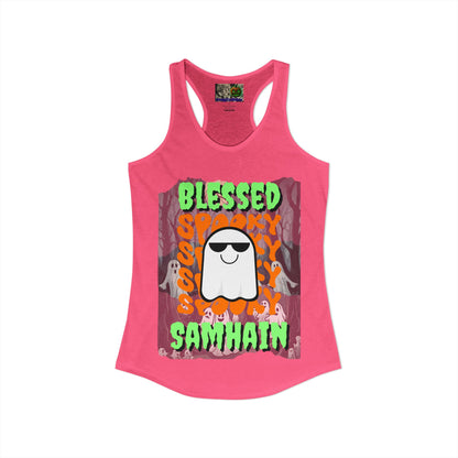 Spooky Blessed Samhain Ghost Green font Women's Racerback Tank Top by CreepyCrafts.boo