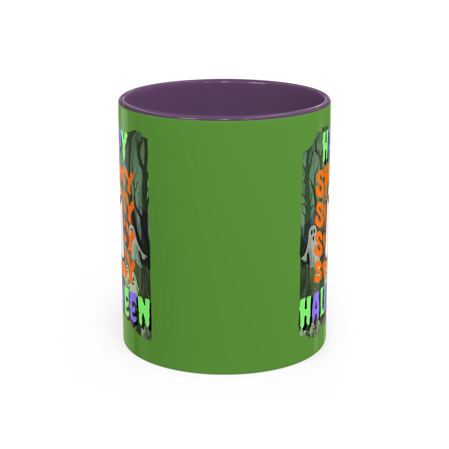 Spooky Happy Halloween Ghost Mixed font Green Accent Mug by CreepyCrafts.boo