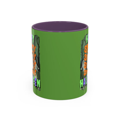 Spooky Happy Halloween Ghost Mixed font Green Accent Mug by CreepyCrafts.boo