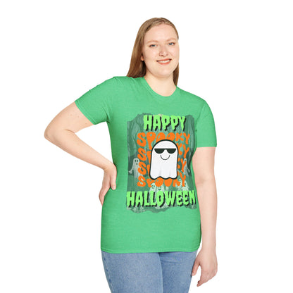 Spooky Happy Halloween Ghost Dark colors Green font Unisex T-Shirt by CreepyCrafts.boo