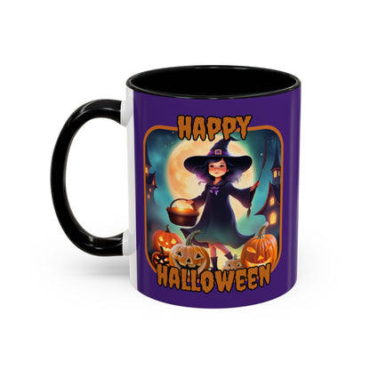 Happy Halloween Little Witch Orange font Purple Accent Mug by CreepyCrafts.boo