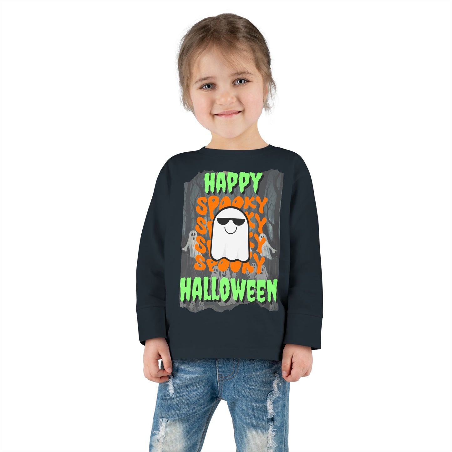 Spooky Happy Halloween Ghost Green font Toddler Long Sleeve Tee by CreepyCrafts.boo