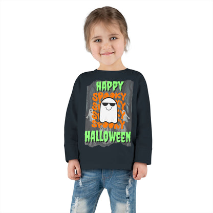 Spooky Happy Halloween Ghost Green font Toddler Long Sleeve Tee by CreepyCrafts.boo