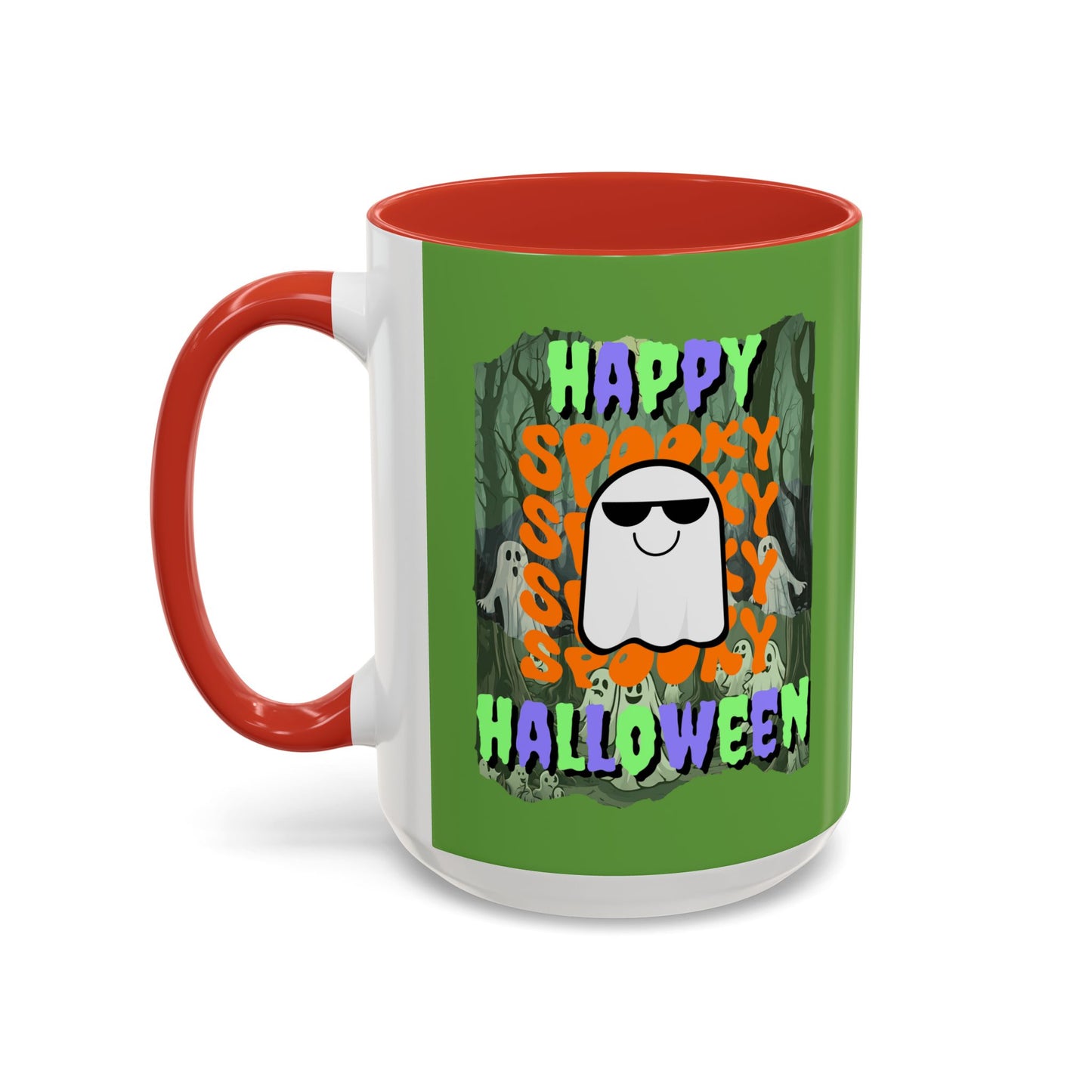 Spooky Happy Halloween Ghost Mixed font Green Accent Mug by CreepyCrafts.boo