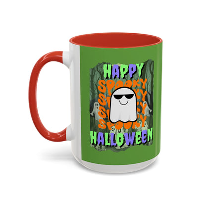 Spooky Happy Halloween Ghost Mixed font Green Accent Mug by CreepyCrafts.boo