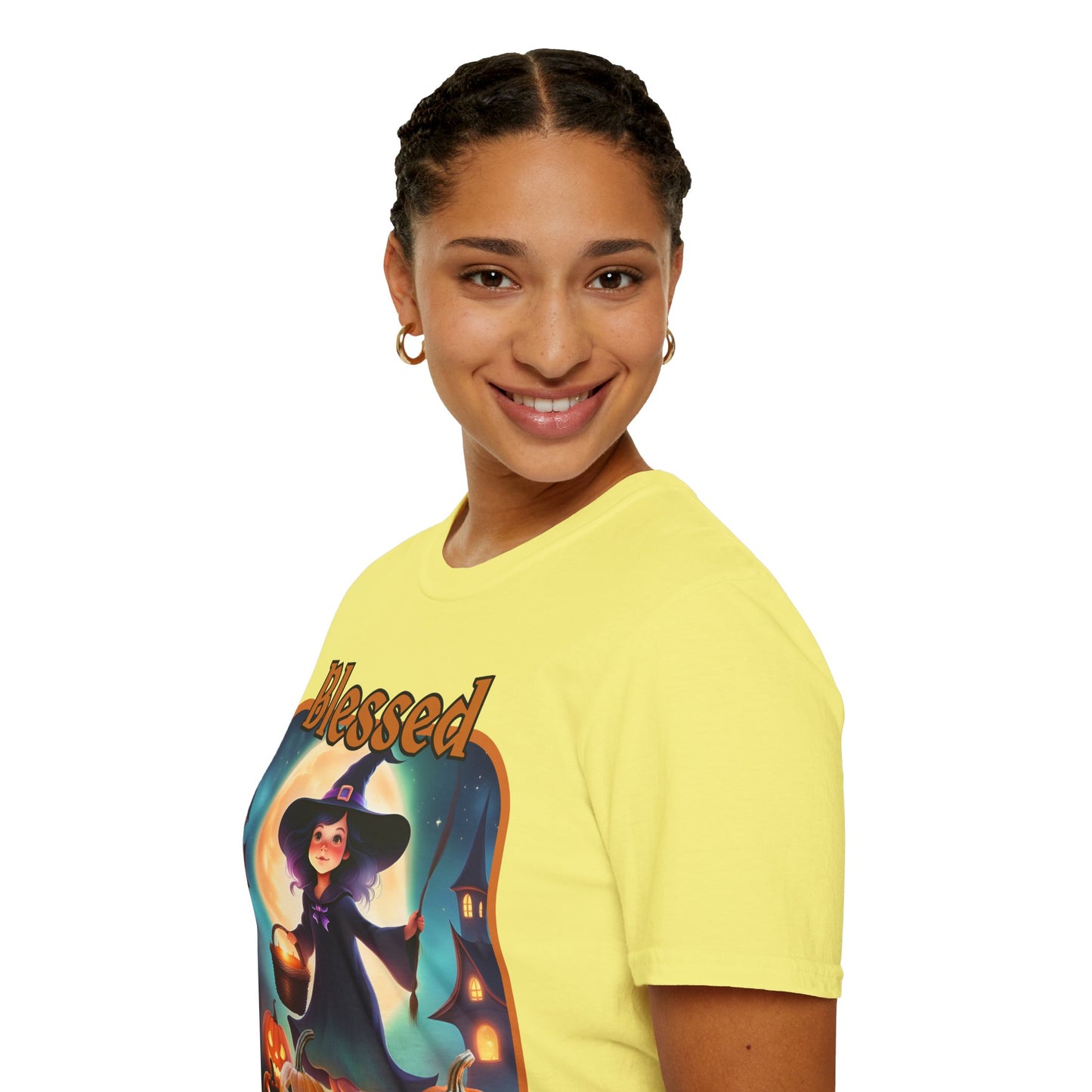 Blessed Samhain Little Witch Orange font Light colors Unisex T-Shirt by CreepyCrafts.boo