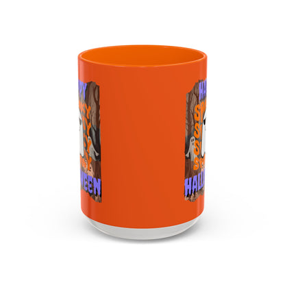 Spooky Happy Halloween Ghost Purple font Orange Accent Mug by CreepyCrafts.boo