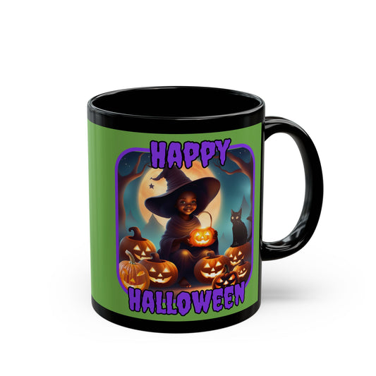 Happy Halloween Cute Witch Purple font Green Mug by CreepyCrafts.boo