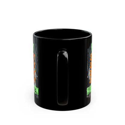 Spooky Happy Halloween Ghost Green font Black Mug by CreepyCrafts.boo