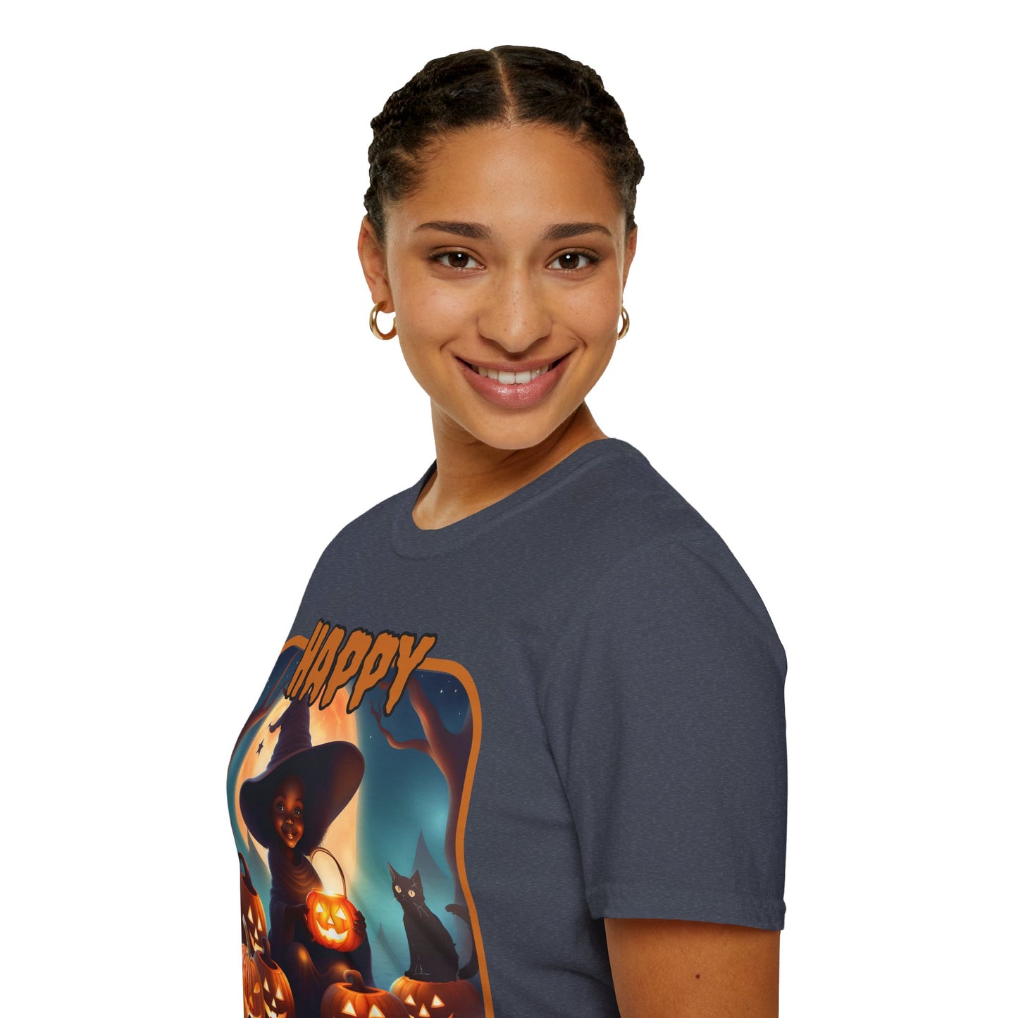 Happy Halloween Cute Witch Orange font, Dark colors, Unisex T-Shirt by CreepyCrafts.boo
