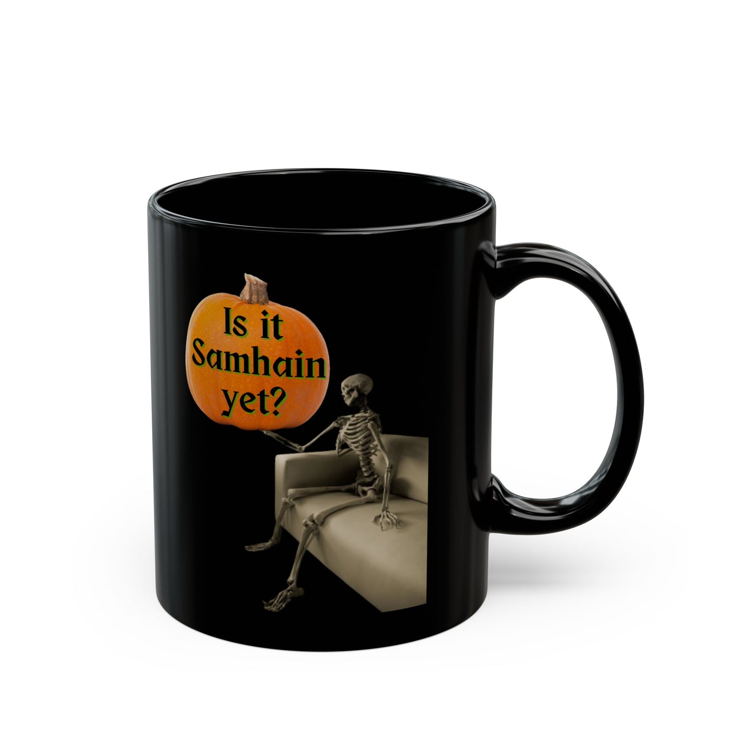 Waiting for Samhain Skeleton Black Mug by cypherpunkgear