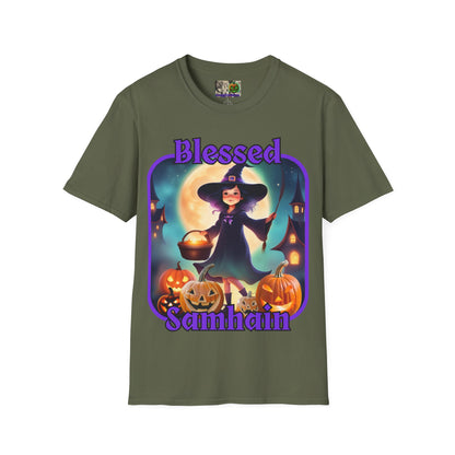 Blessed Samhain Little Witch Purple font Dark colors Unisex T-Shirt by CreepyCrafts.boo