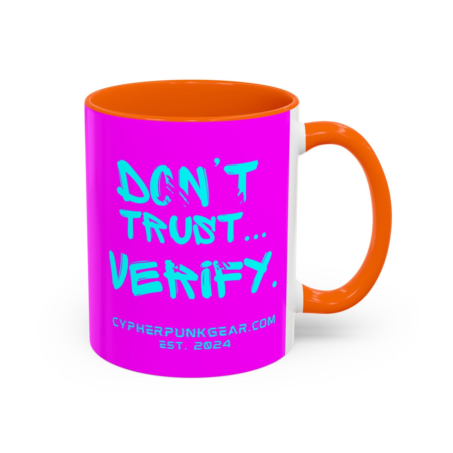 Don't Trust...Verify. Electric Magenta Accent Mug by cypherpunkgear.com