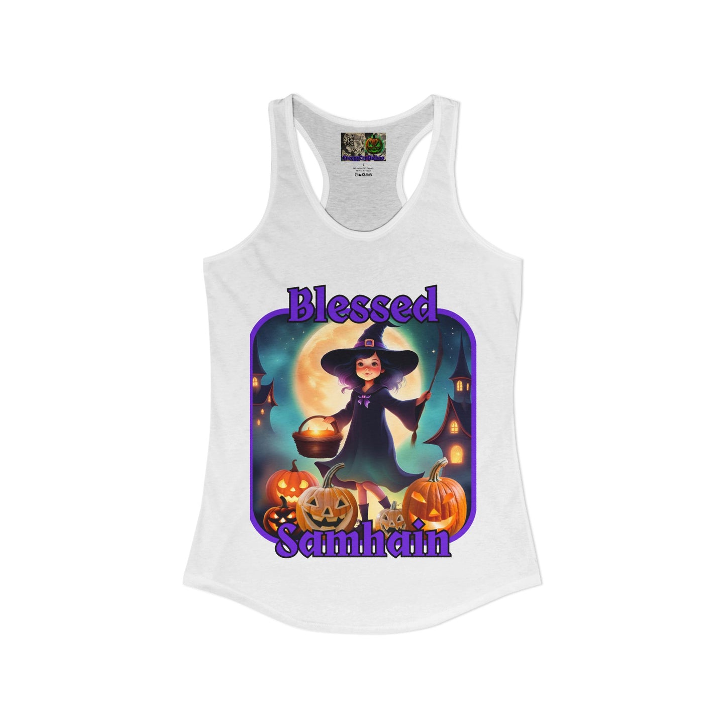 Blessed Samhain Little Witch Purple font Women's Racerback Tank Top by CreepyCrafts.boo