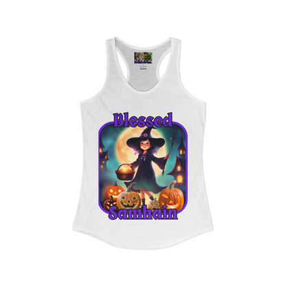Blessed Samhain Little Witch Purple font Women's Racerback Tank Top by CreepyCrafts.boo