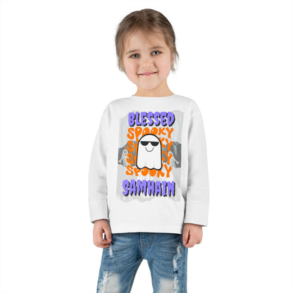 Spooky Blessed Samhain Ghost Purple font Toddler Long Sleeve Tee by CreepyCrafts.boo
