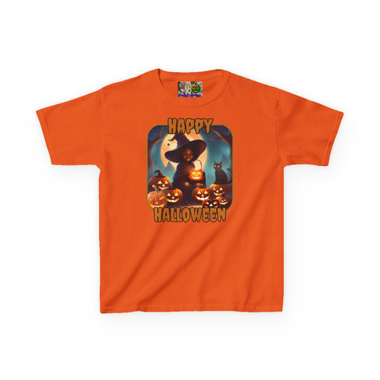 Happy Halloween Cute Witch Orange font Kids Heavy Cotton™ Tee by CreepyCrafts.boo