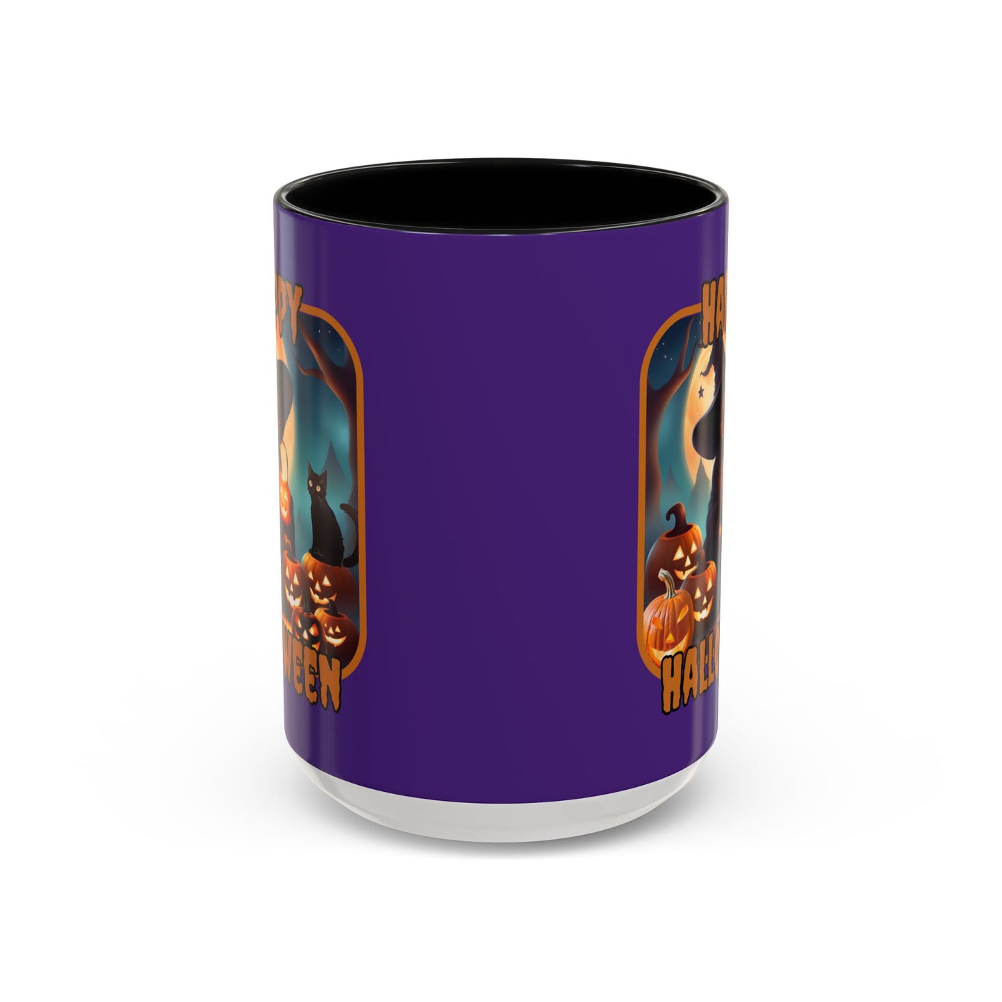 Happy Halloween Cute Witch Orange font Purple Accent Mug by CreepyCrafts.boo