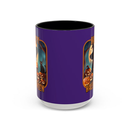 Happy Halloween Cute Witch Orange font Purple Accent Mug by CreepyCrafts.boo