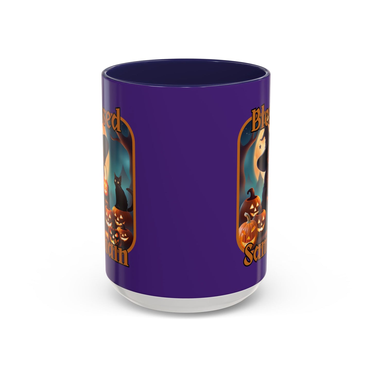 Blessed Samhain Cute Witch Orange font Purple Accent Mug by CreepyCrafts.boo