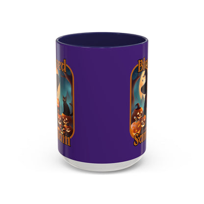 Blessed Samhain Cute Witch Orange font Purple Accent Mug by CreepyCrafts.boo