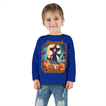 Blessed Samhain Little Witch Orange font Toddler Long Sleeve Tee by CreepyCrafts.boo