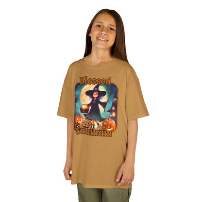 Blessed Samhain Little Witch Orange font Kids Heavy Cotton™ Tee by CreepyCrafts.boo
