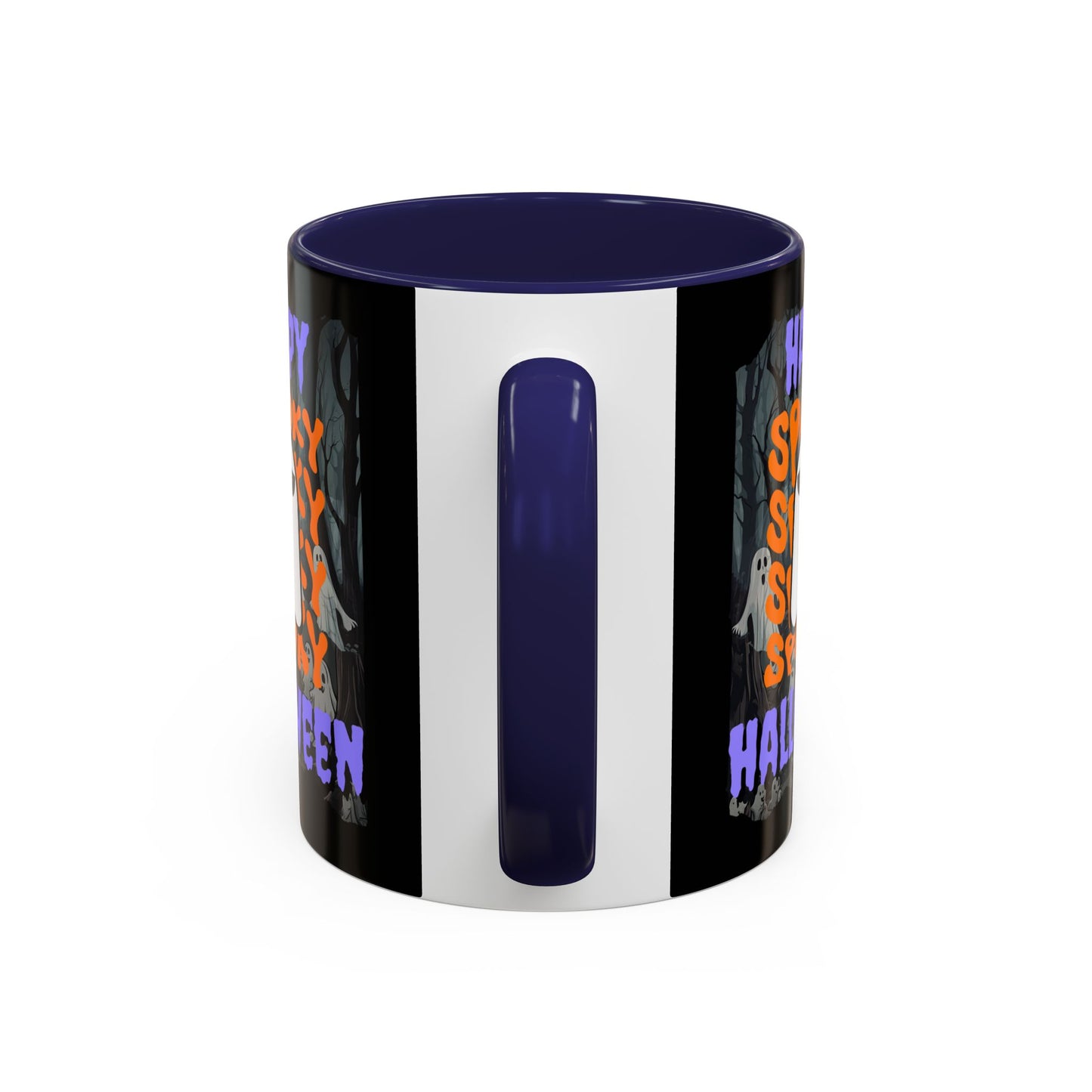 Spooky Happy Halloween Ghost Purple font Black Accent Mug by CreepyCrafts.boo