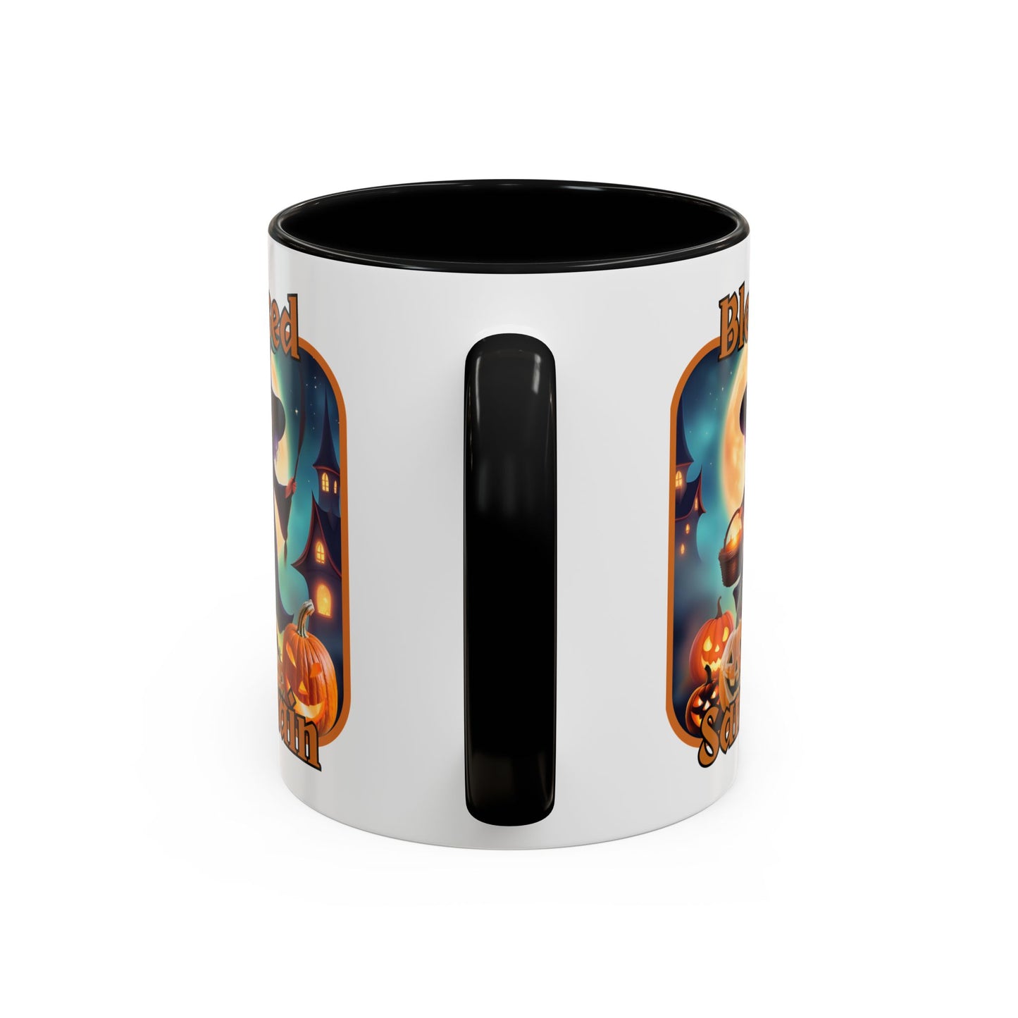 Blessed Samhain Little Witch Orange font White Accent Mug by CreepyCrafts.boo
