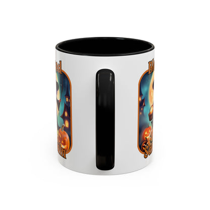 Blessed Samhain Little Witch Orange font White Accent Mug by CreepyCrafts.boo