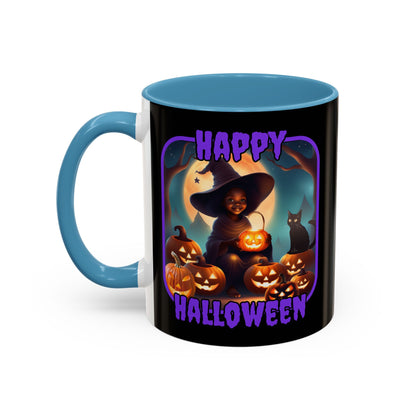 Happy Halloween Cute Witch Purple font Black Accent Mug by CreepyCrafts.boo