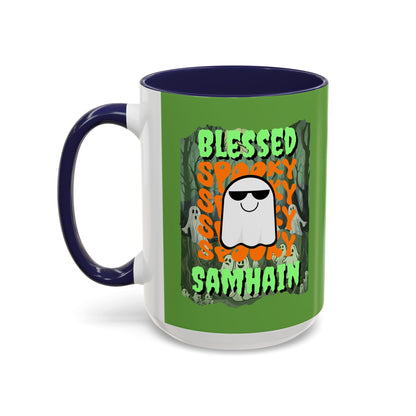 Spooky Blessed Samhain Ghost Green font Accent Mug by CreepyCrafts.boo