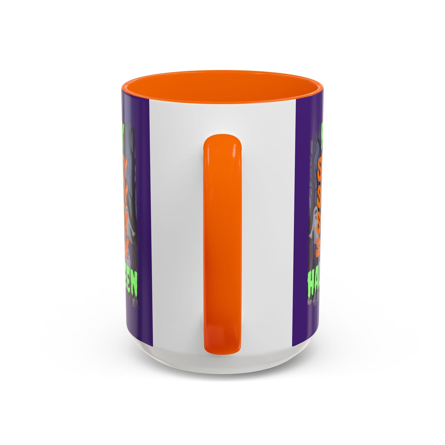 Spooky Happy Halloween Ghost Green font Purple Accent Mug by CreepyCrafts.boo
