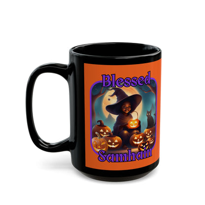 Blessed Samhain Cute Witch Purple font Orange Mug by CreepyCrafts.boo