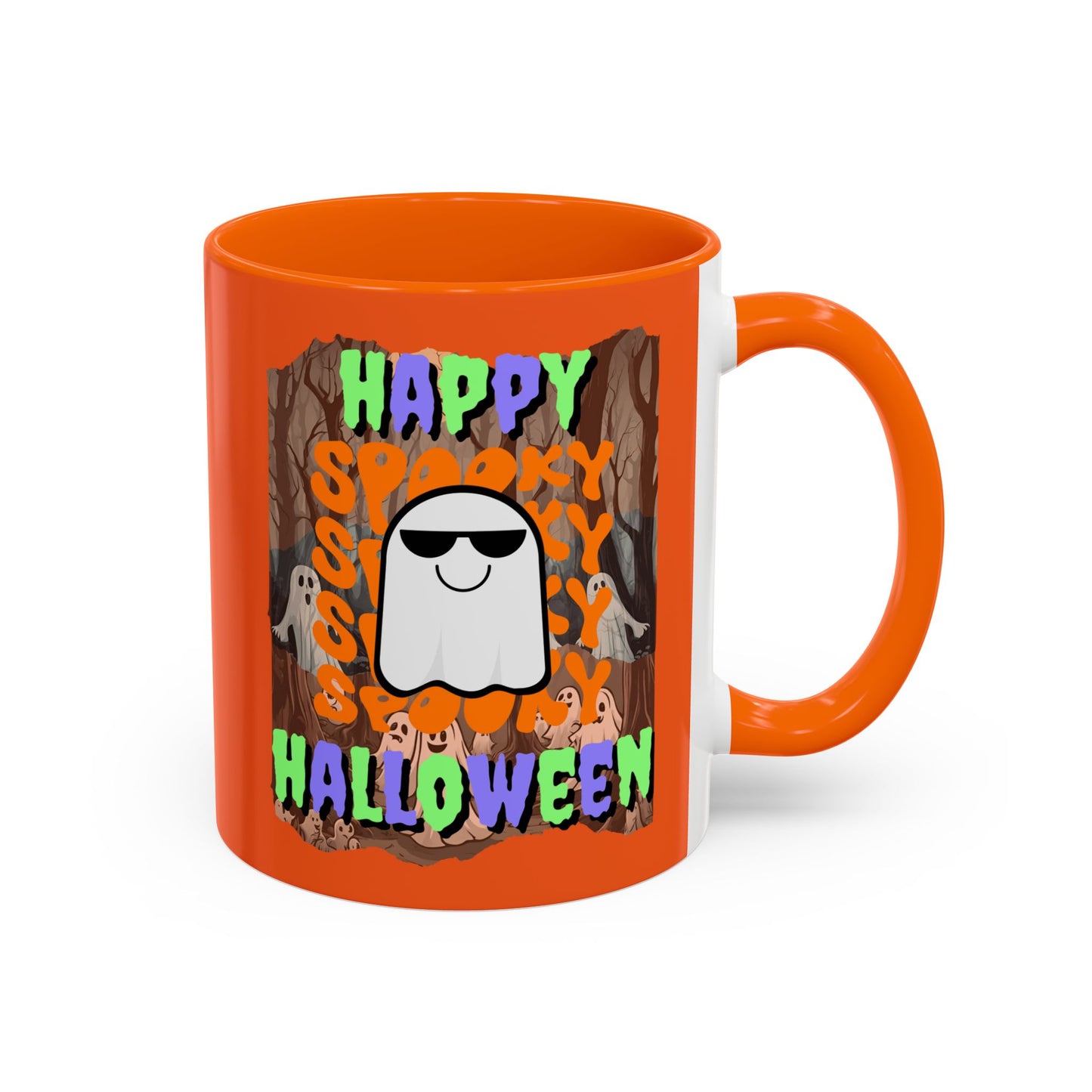 Spooky Happy Halloween Ghost Mixed font Orange Accent Mug by CreepyCrafts.boo