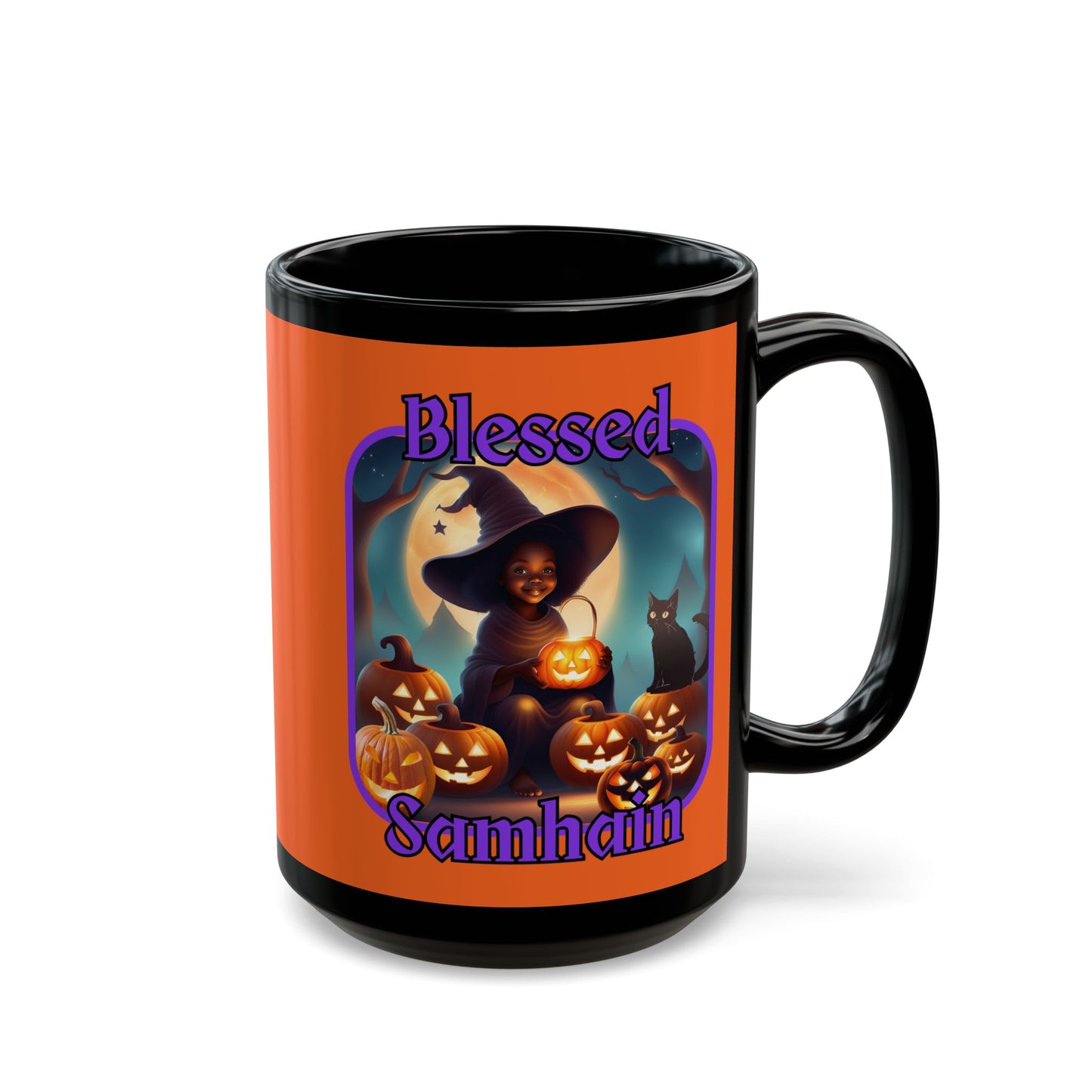 Blessed Samhain Cute Witch Purple font Orange Mug by CreepyCrafts.boo