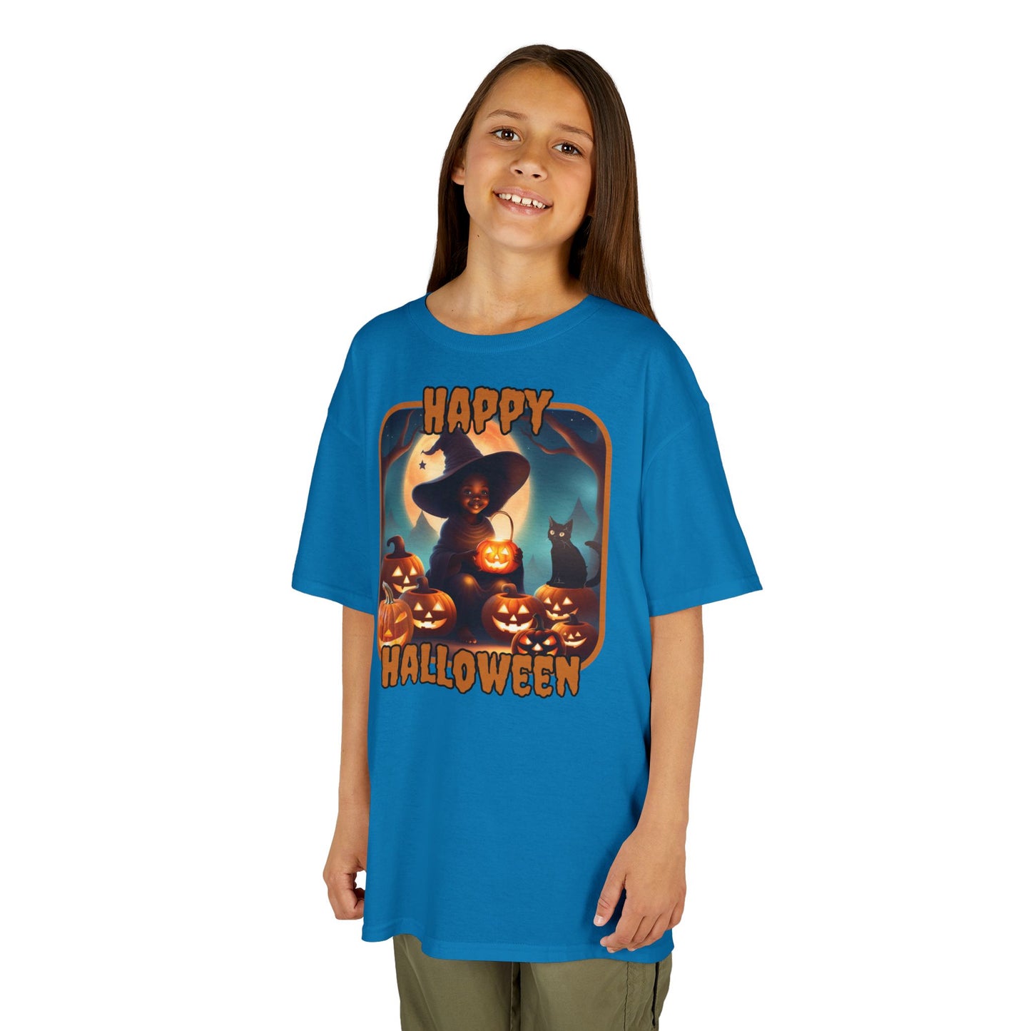 Happy Halloween Cute Witch Orange font Kids Heavy Cotton™ Tee by CreepyCrafts.boo
