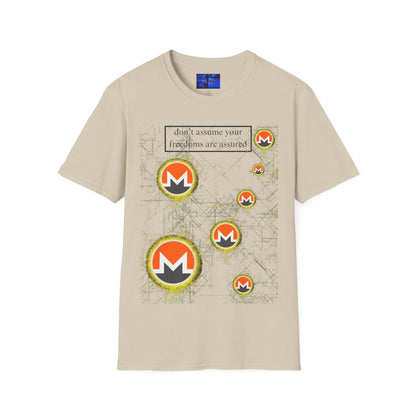 Monero (XMR) don't assume your freedoms are assured Light colors Unisex T-Shirt by cypherpunkgear.com