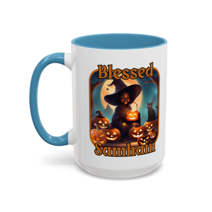 Blessed Samhain Cute Witch Orange font White Accent Mug by CreepyCrafts.boo
