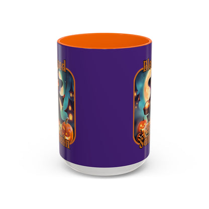 Blessed Samhain Little Witch Orange font Purple Accent Mug by CreepyCrafts.boo