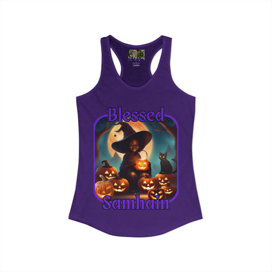 Blessed Samhain Cute Witch Purple font Women's Racerback Tank Top by CreepyCrafts.boo