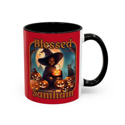 Blessed Samhain Cute Witch Orange font Red Accent Mug by CreepyCrafts.boo